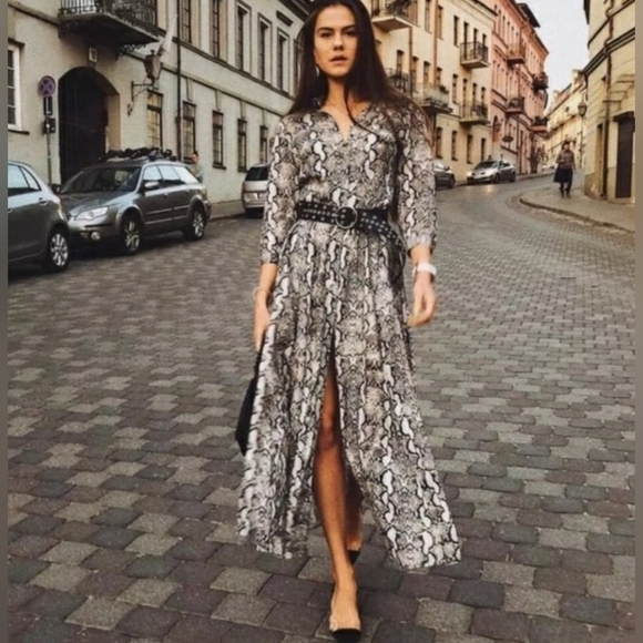 Zara Black And Grey Snake Print Long Shirt Dress Button Down Size XS - Picture 16 of 16